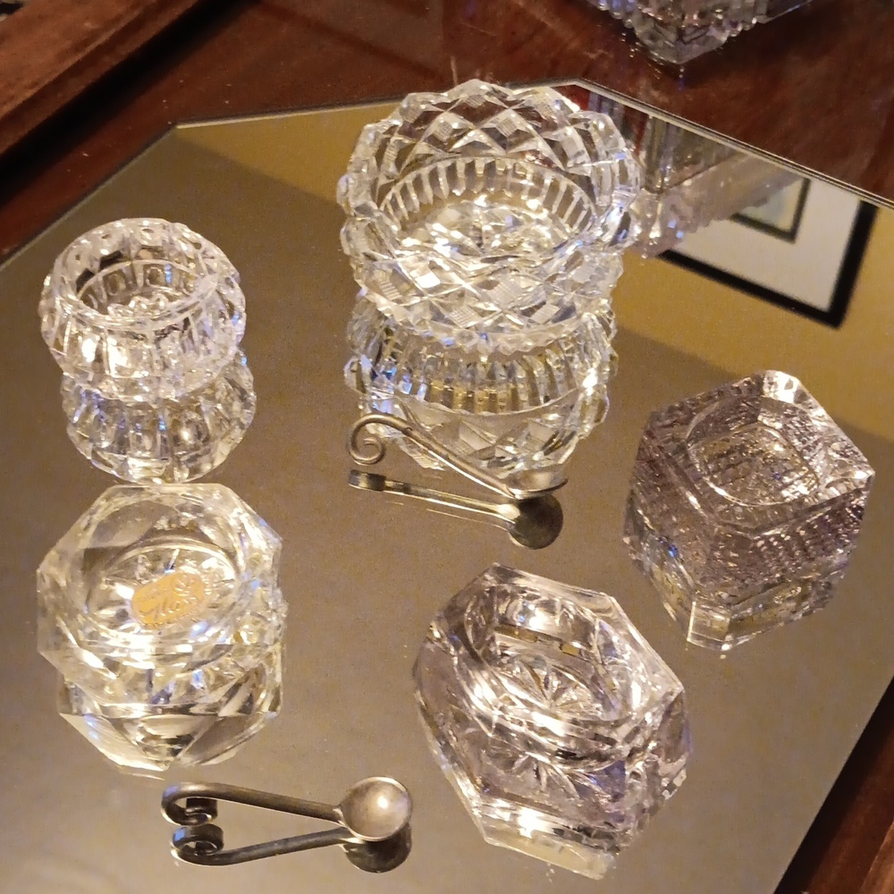 Vintage Glass Open Salt Cellar Bowls and Spoons Collection